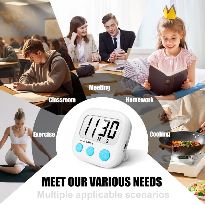 AOUCE 2 Pack Digital Kitchen Timer for Cooking Big Digits Loud Alarm Magnetic Backing Stand Cooking Timers for Baking White - Image 5